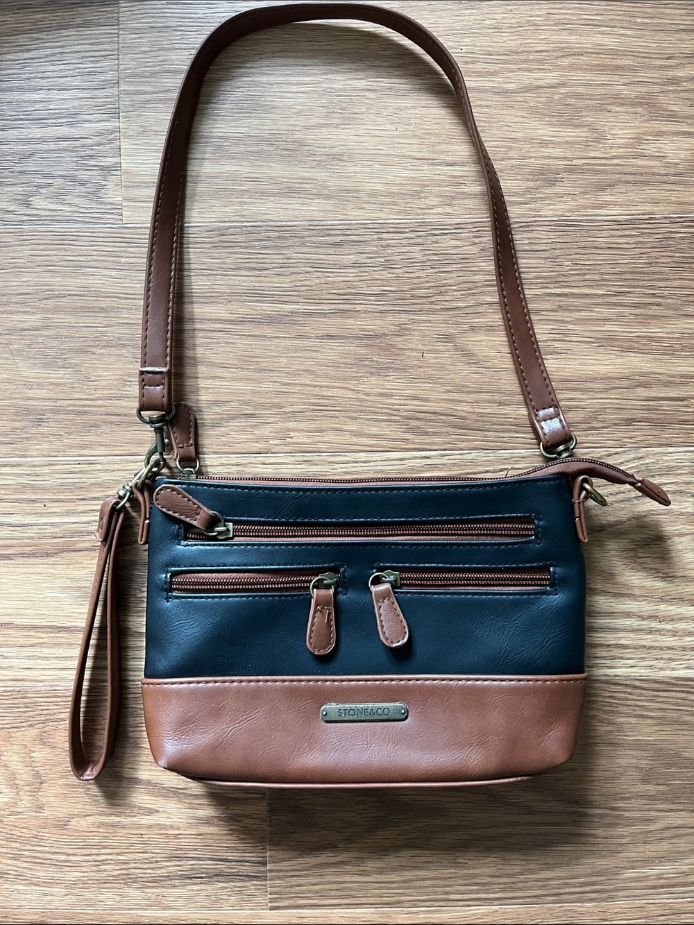 Stone & Co. Black and Brown Two-Tone Shoulder Bag with Wristlet